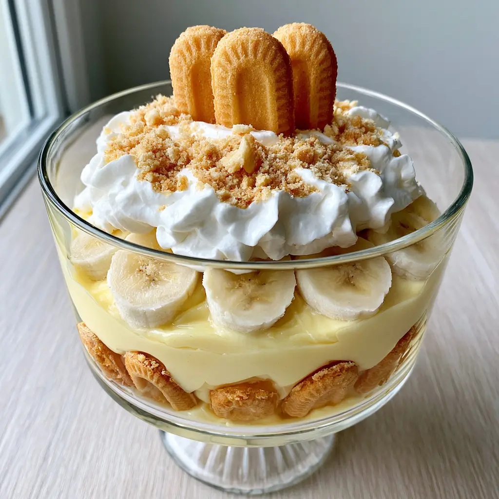 A top-down view of Homemade Banana Pudding featuring a cloud of whipped cream, crushed wafer crumbs, and three whole wafers standing upright.