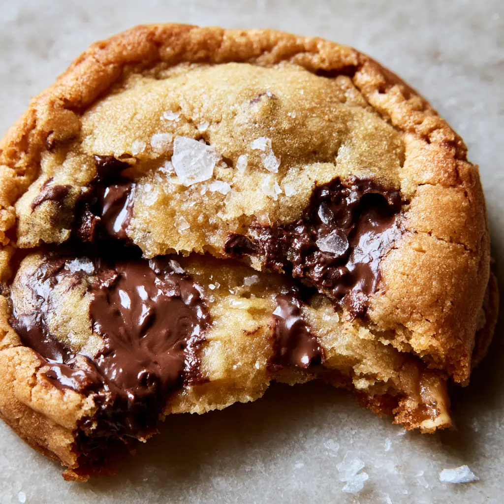 Close up of a pale gold chocolate chip cookie no brown sugar with translucent sea salt flakes.