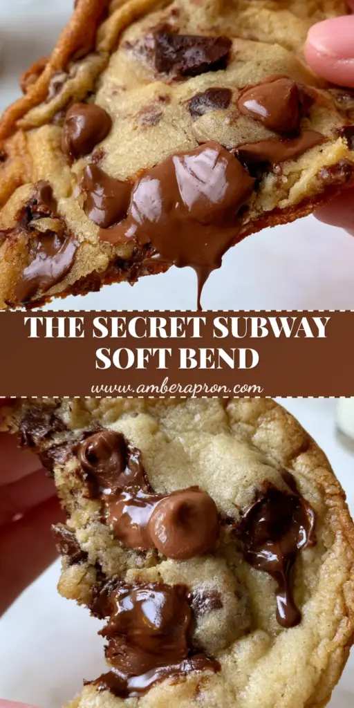 A hand bending a thin, flexible copycat subway cookie to show its soft texture with melted chocolate chunks and caramelized rippled edges.