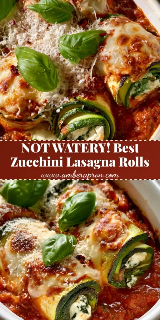 Zucchini Lasagna Roll Ups with Herbed Ricotta and Spinach 3 A close-up shot of zucchini lasagna roll ups with charred edges, bubbly mozzarella cheese, and fresh basil leaves in a white baking dish.