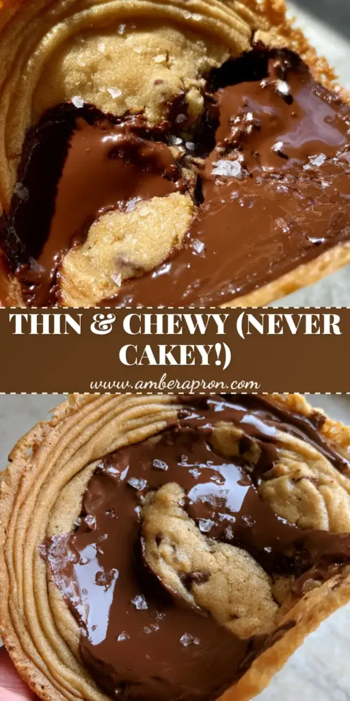 A close-up of thin and chewy chocolate chip cookies showing concentric circular ripples, melted dark chocolate pools, and flaky sea salt garnish on a wire rack.
