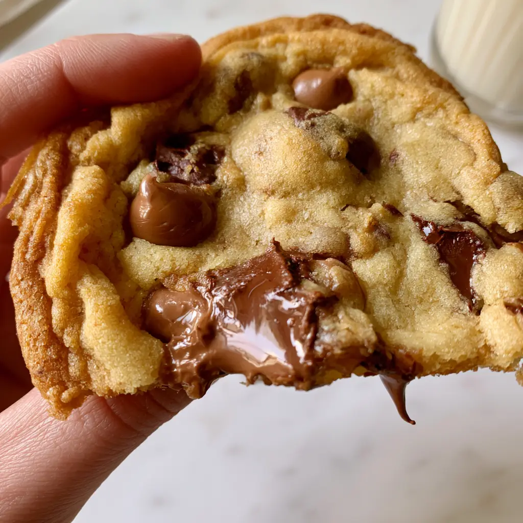 A macro shot of a thin chocolate chip cookie with dark chocolate chunks and rippled, golden-brown edges.
