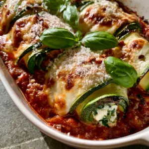 High-angle view of golden brown zucchini lasagna roll ups nestled in chunky tomato sauce.