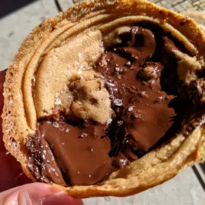 Macro photo of a single thin and chewy chocolate chip cookie being bent between two fingers to show its flexible texture and lacey edges.