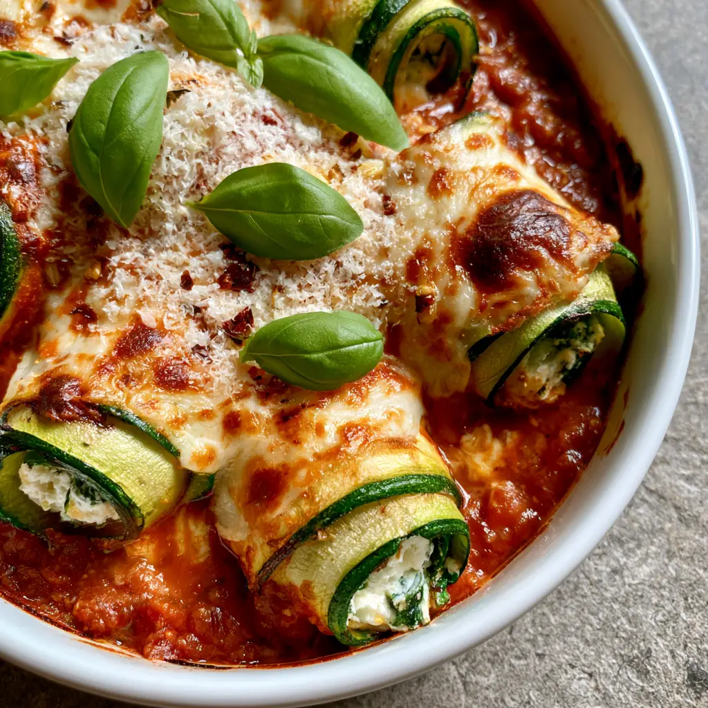 Zucchini Lasagna Roll Ups with Herbed Ricotta and Spinach 1 Close-up of a zucchini lasagna roll up showing the creamy ricotta and spinach filling.