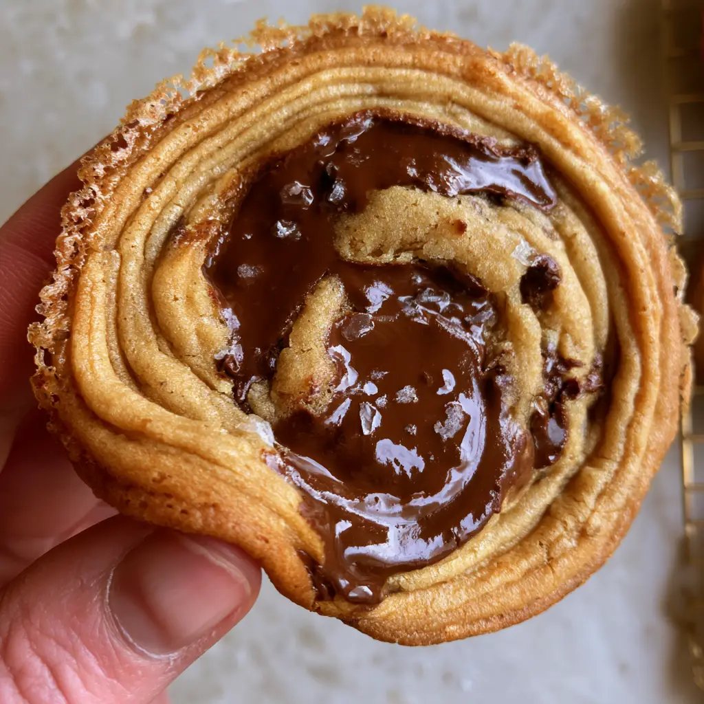 Smartphone photo of ripples and melted chocolate pools on a thin and chewy chocolate chip cookie.