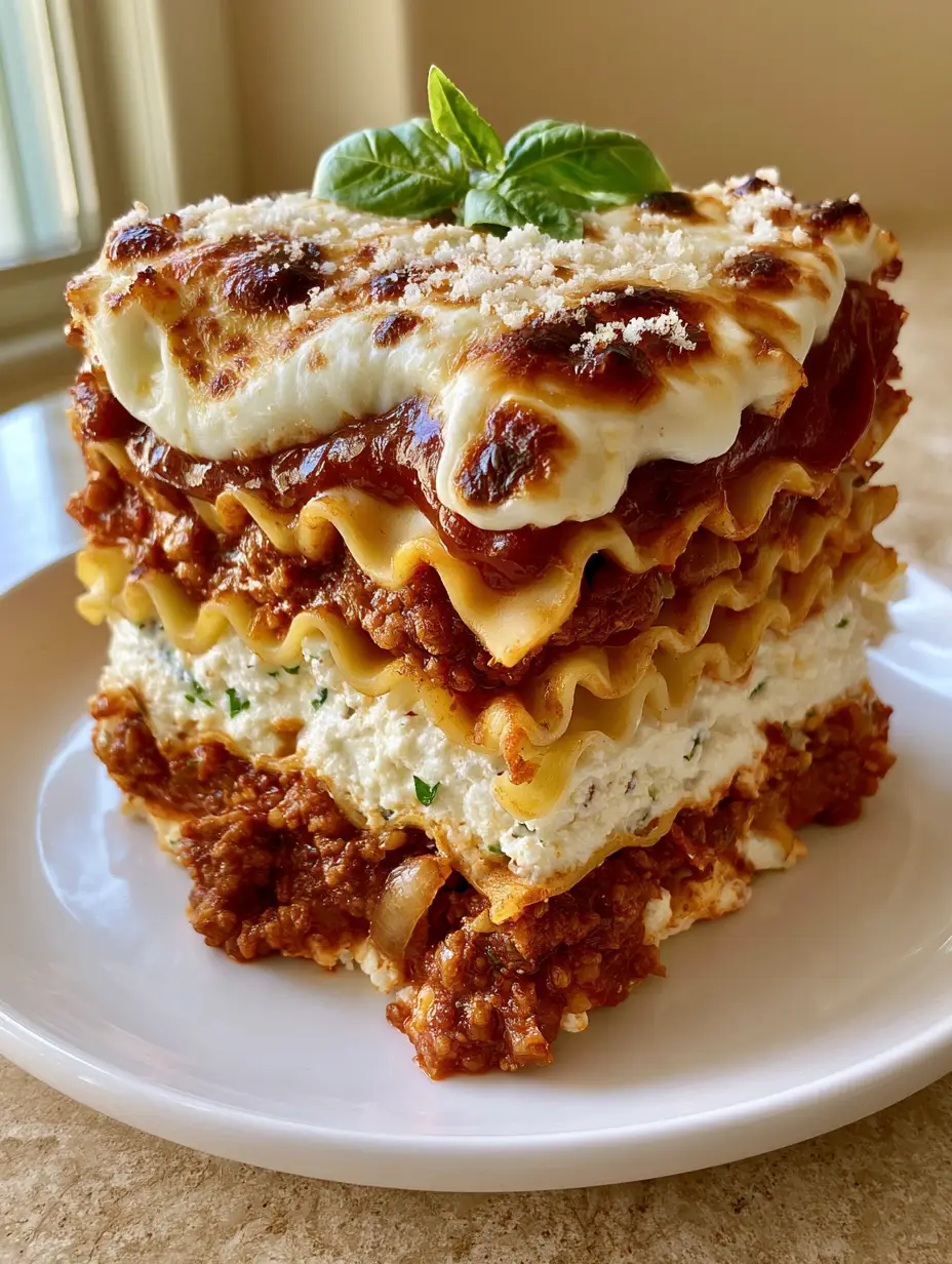 Extreme close up of classic homemade lasagna with wavy pasta sheets and golden charred mozzarella bubbles.