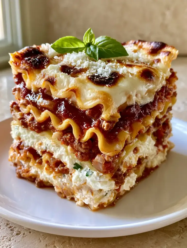 A thick slice of classic homemade lasagna with zero liquid runoff and fresh basil garnish.