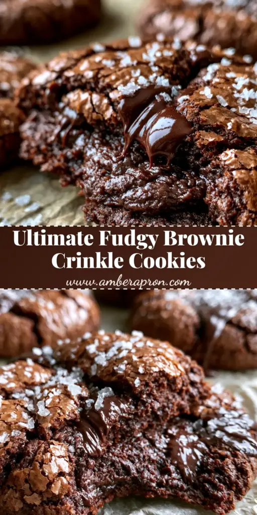 A stack of Salted Brownie Crinkle Cookies with shiny crackled tops and melted chocolate pools on baking paper.
