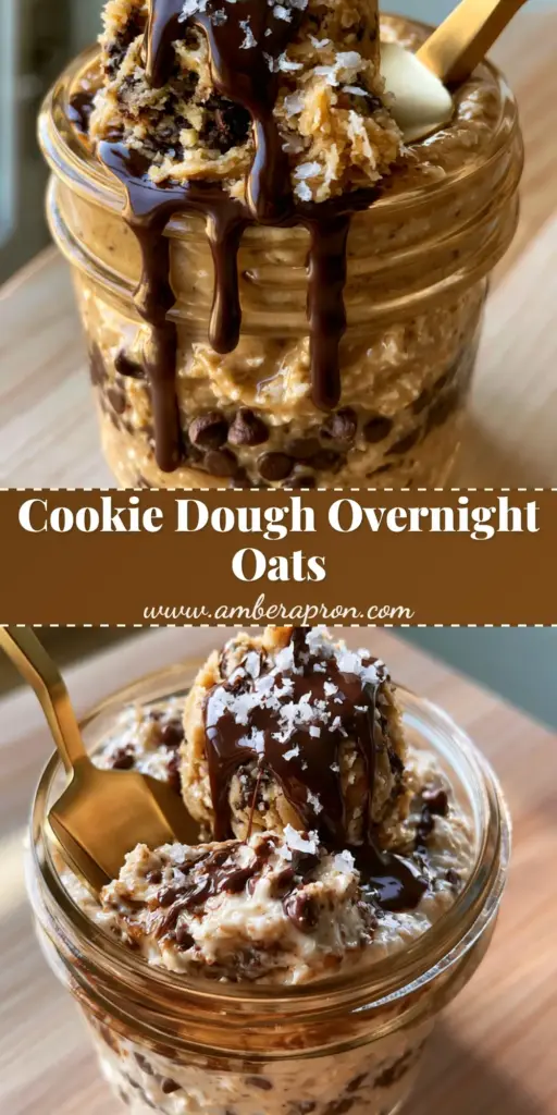 A glass jar filled with layered Chocolate Chip Cookie Dough Overnight Oats topped with a scoop of cookie dough, melted chocolate, and flaky sea salt.