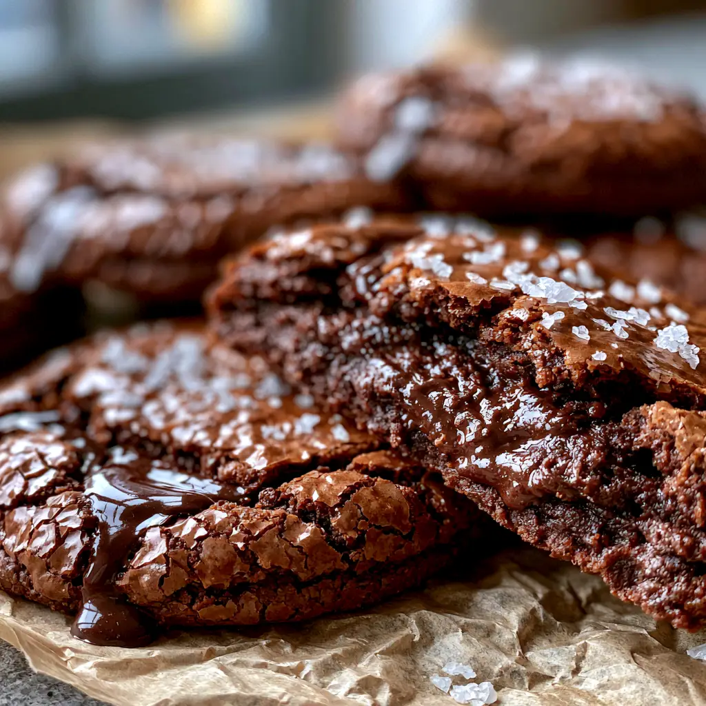 Close up of the shiny, paper-thin crackled surface of Salted Brownie Crinkle Cookies topped with Maldon salt.