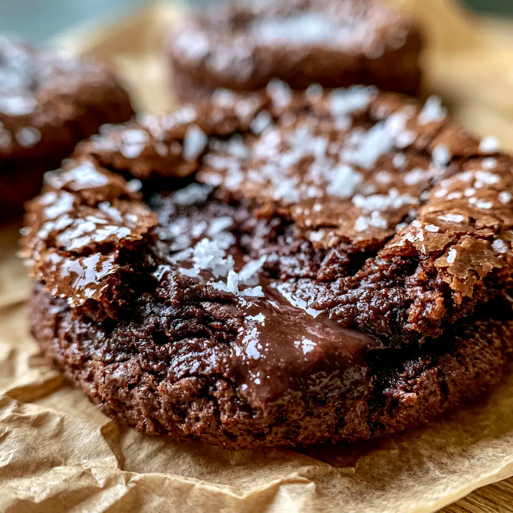 Brownie Cookies: The Ultimate Fudgy Crinkle Top Recipe 2 Extreme macro close-up of a brownie cookie with a paper-thin cracked crust and melted dark chocolate chunks.