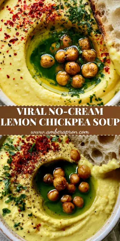 A top-down view of a stoneware bowl of creamy lemon chickpea soup garnished with roasted chickpeas and red Aleppo pepper. (chickpea soup)