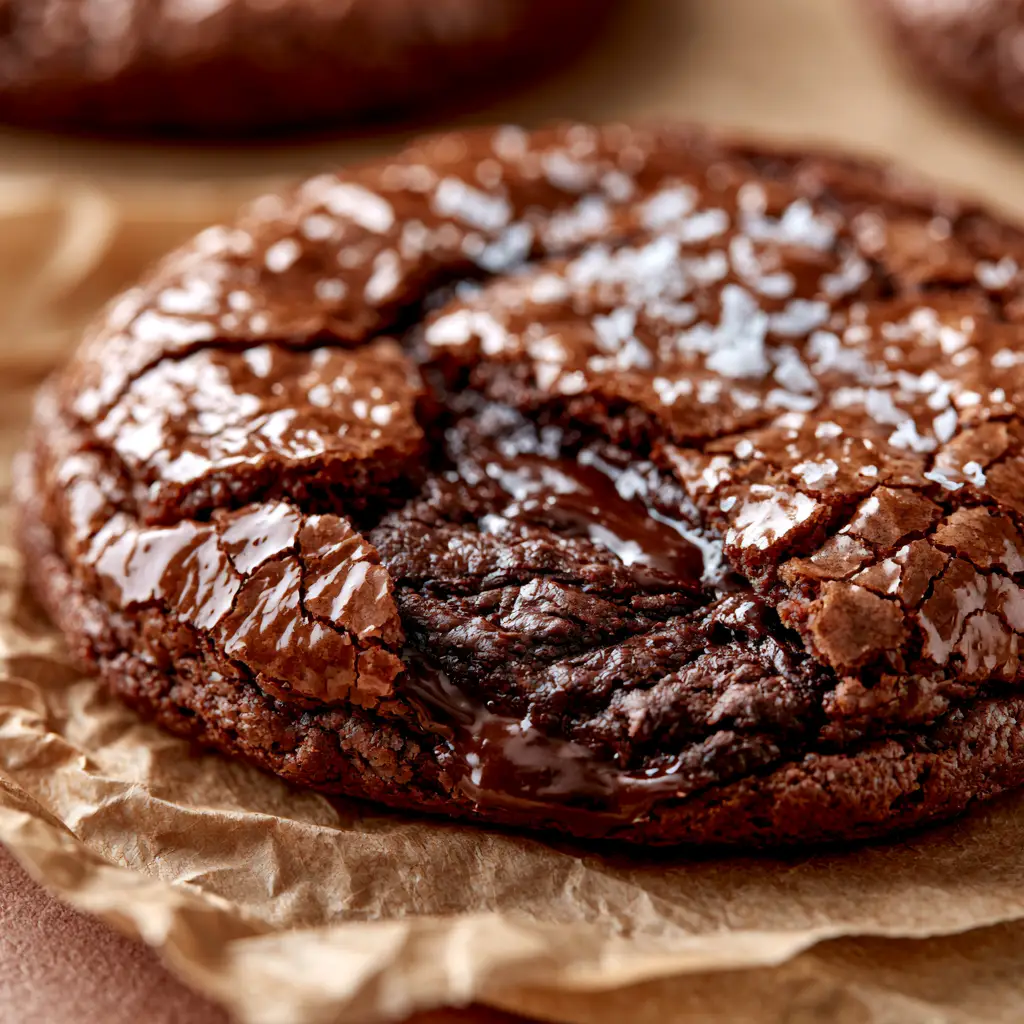 Brownie Cookies: The Ultimate Fudgy Crinkle Top Recipe 1 Dense fudgy center of a brownie cookie revealed through cracks in the shiny crust, topped with sea salt.