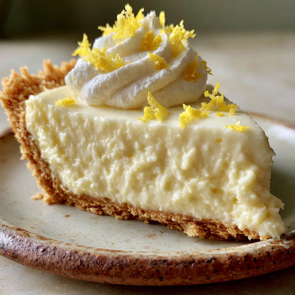 Side view of a no-bake lemon pie slice highlighting the thick golden-brown graham cracker crust base.