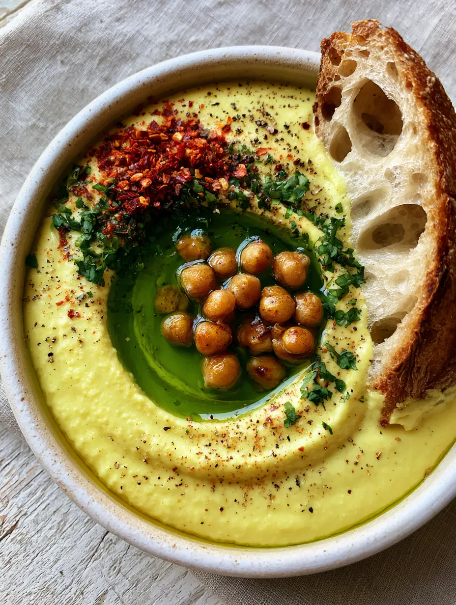 Macro shot of a velvety chickpea soup with an emerald green olive oil swirl and toasted sourdough bread. (chickpea soup)