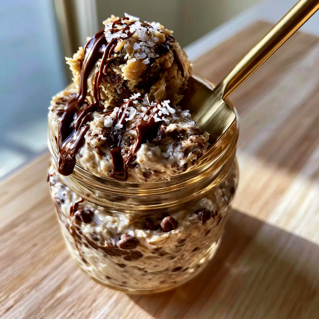 Top down view of Chocolate Chip Cookie Dough Overnight Oats showing the almond butter drizzle and chocolate chips.