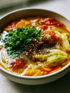 Close-up of vibrant detox cabbage soup with orange carrot coins and green cabbage ribbons in a golden broth. (Cabbage Soup Diet)