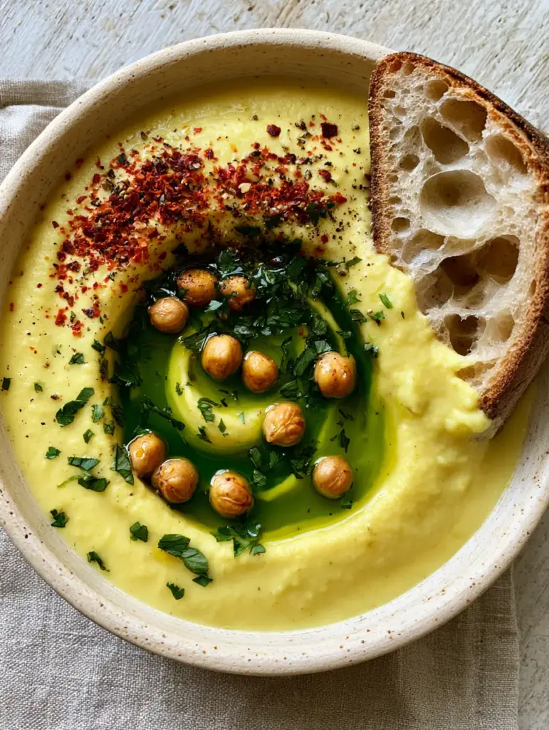 Close up of golden-brown roasted chickpeas and Aleppo pepper flakes on top of a pale yellow soup base.