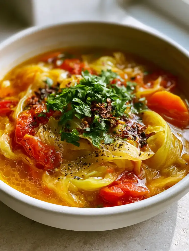 Macro view of steaming cabbage soup with droplets of olive oil and fresh parsley on top.