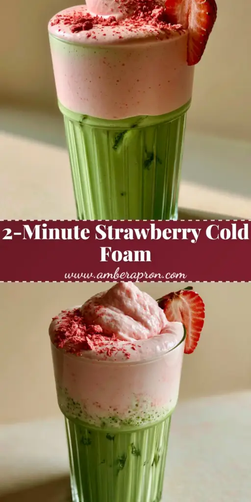 A tall ribbed glass featuring vivid green iced matcha topped with thick, pastel-pink Strawberry Cold Foam and a fresh strawberry slice garnish.