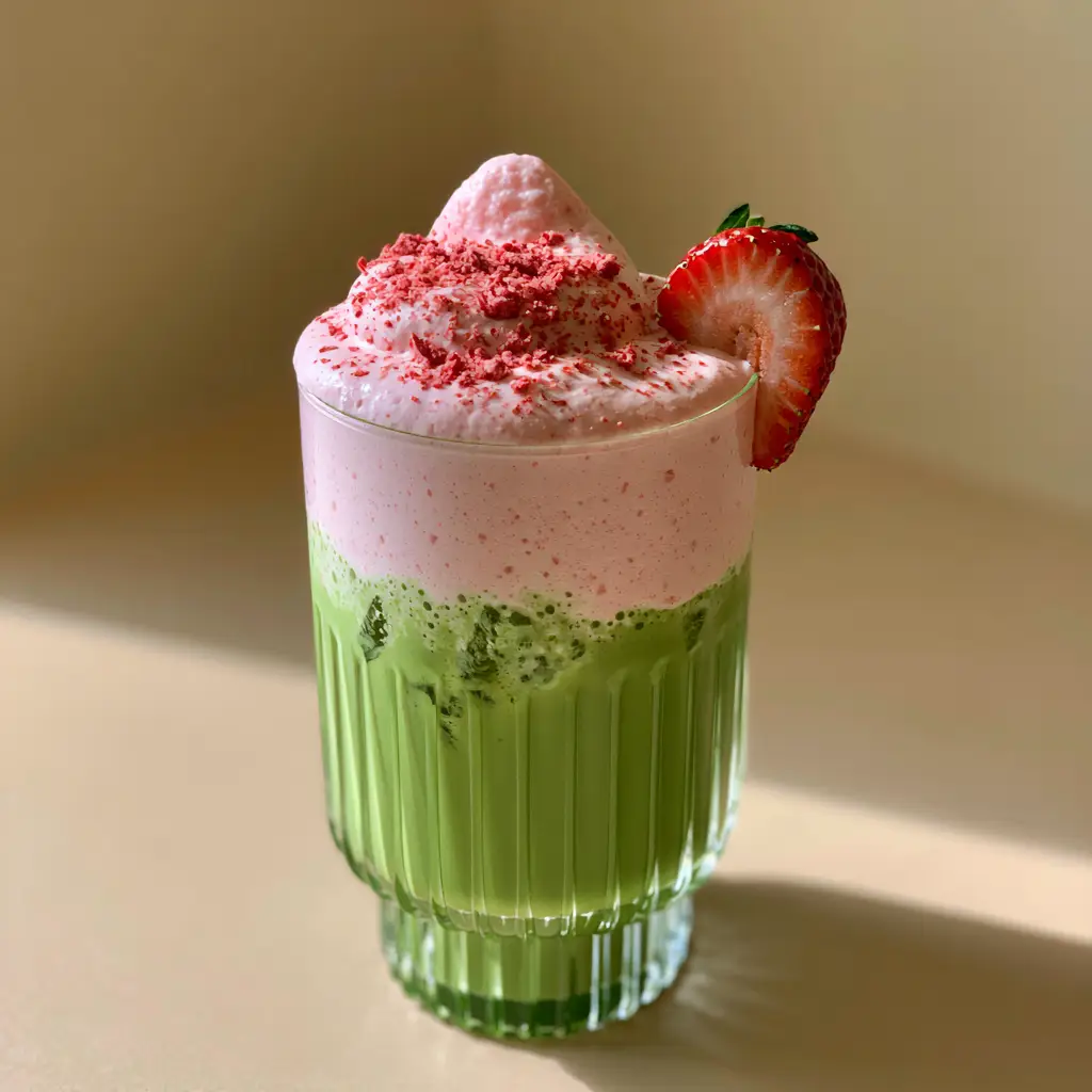 Close up of thick Strawberry Cold Foam with soft peaks sitting atop ice cubes and green matcha in a glass.