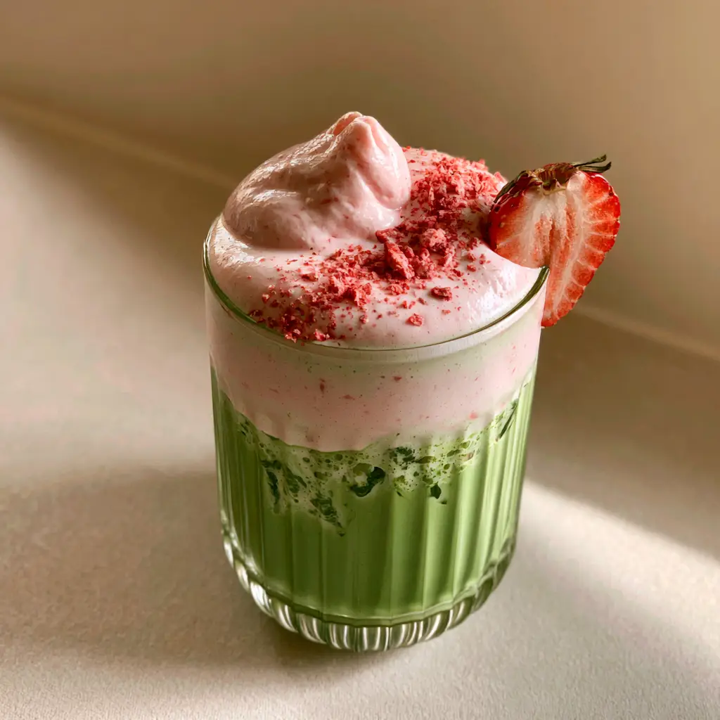 A handheld smartphone photo showing the beautiful layering of green matcha and pink Strawberry Cold Foam.