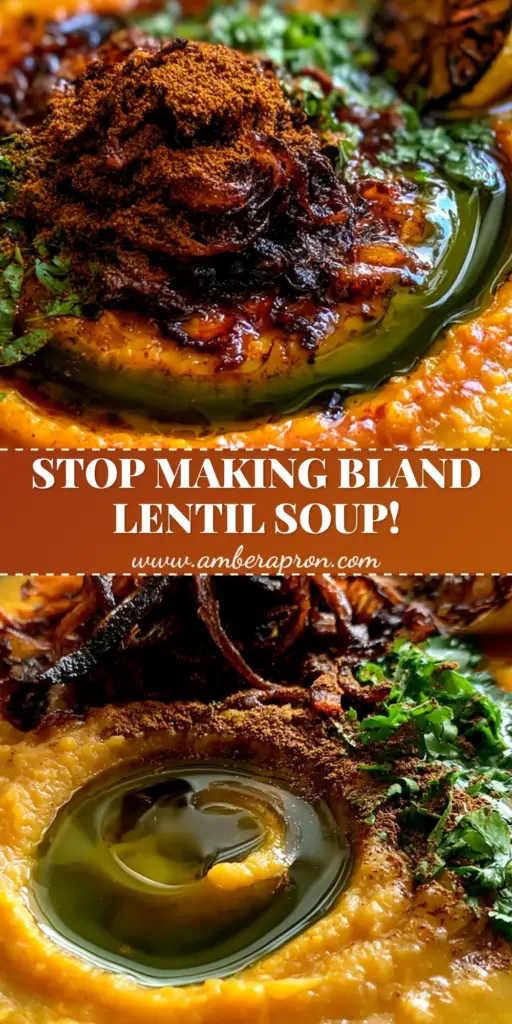 A close-up shot of Egyptian red lentil soup in a black bowl with fried shallots, cilantro, and a glossy olive oil swirl.
