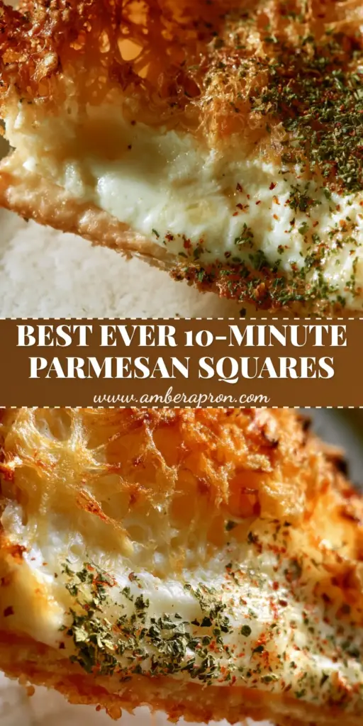 A close-up vertical shot of Parmesan appetizer squares showing a bubbly toasted cheese crust and a molten cream cheese center being lifted.