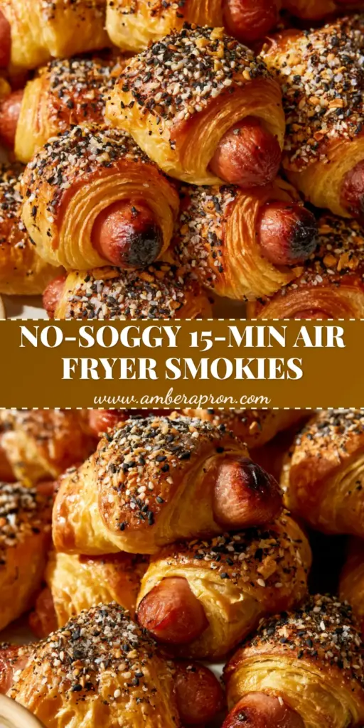Lil Smokies in a Blanket with Everything Bagel Crust 4 A vertical stack of Lil Smokies in a Blanket with golden-brown flaky dough and everything bagel seasoning.