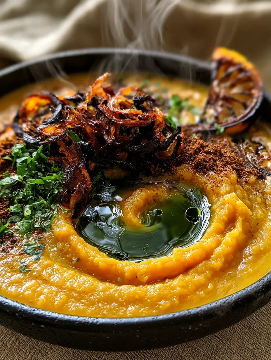 A macro photo of thick, velvety golden-orange Egyptian red lentil soup with wisps of steam.