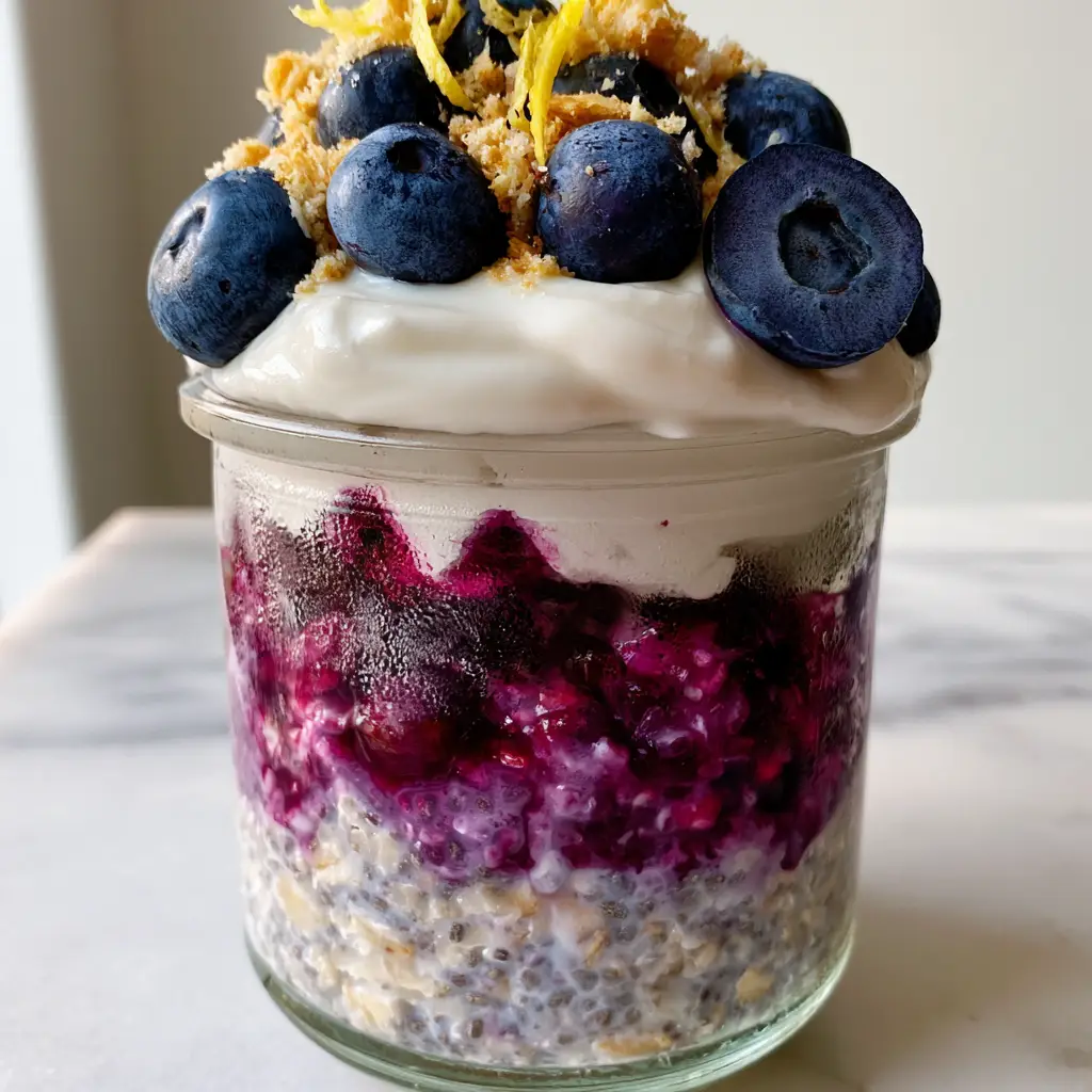 Blueberry Cheesecake Overnight Oats (Easy Meal Prep Recipe) 2 Close up of blueberry cheesecake overnight oats showing the thick texture of oats and vibrant berry compote.
