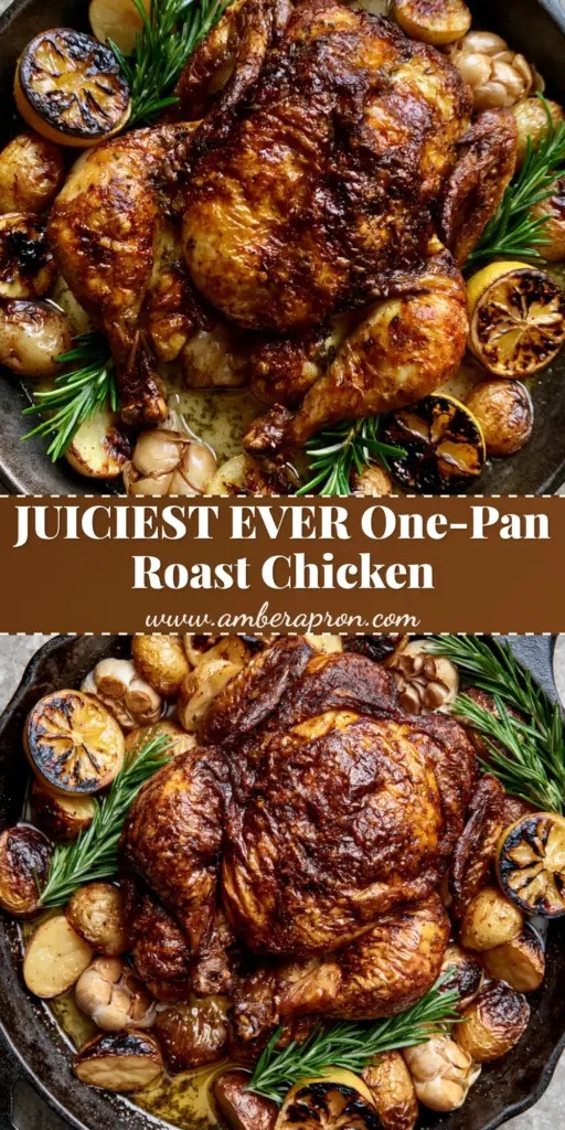 Lemon garlic roast chicken with Crispy Potatoes and Herb Butter 4 A rustic cast iron skillet featuring a whole Lemon garlic roast chicken with golden crispy skin, charred baby potatoes, and rosemary sprigs.