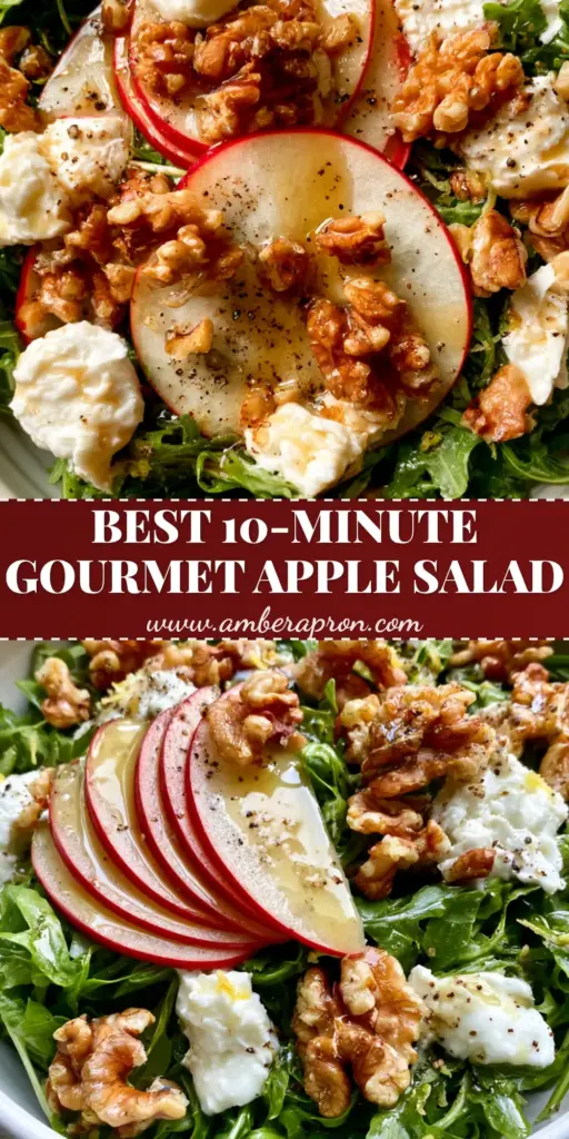 Apple Arugula Salad with Lemon Balsamic Vinaigrette and Goat Cheese 4 A gourmet Apple Arugula Salad in a white ceramic bowl featuring red-skinned apple slices, goat cheese, and walnuts.