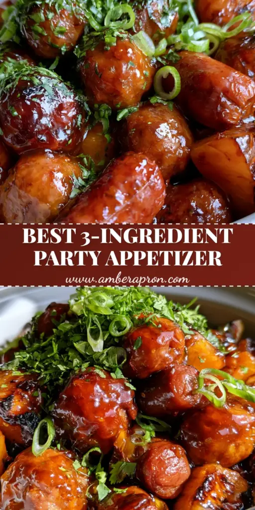 A close-up of glistening Slow Cooker Meatball Pineapple Smokies in a mahogany sauce with green scallion garnish.