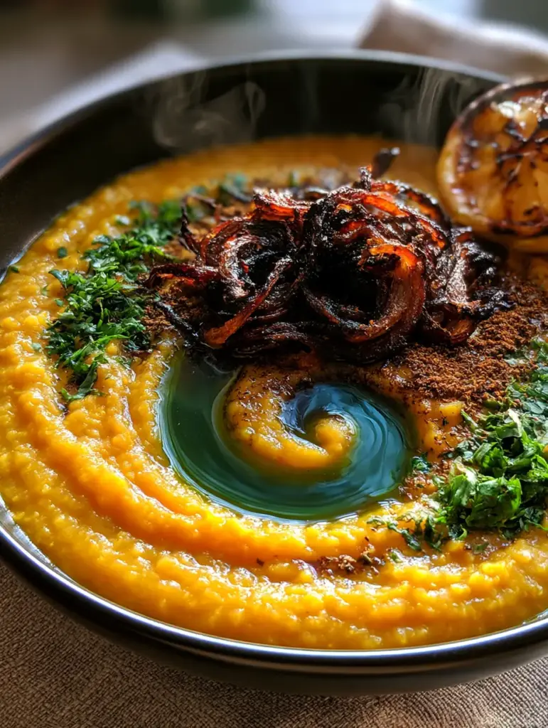 High-contrast top view of Egyptian red lentil soup showing the glossy green olive oil swirl and charred lemon wedge.
