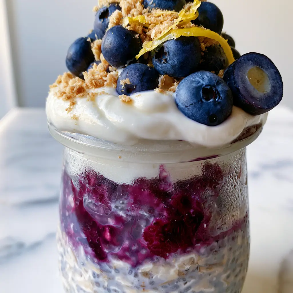 Blueberry Cheesecake Overnight Oats (Easy Meal Prep Recipe) 1 Top view of blueberry cheesecake overnight oats topped with fresh berries, lemon zest, and graham cracker crumbles.