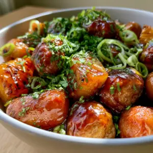 Macro photo of beef meatballs and charred pineapple in a thick mahogany glaze. (Slow Cooker Meatball Pineapple Smokies)
