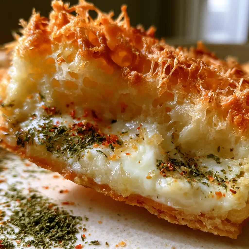 A tray of golden-brown Parmesan appetizer squares sprinkled with oregano and red pepper flakes.