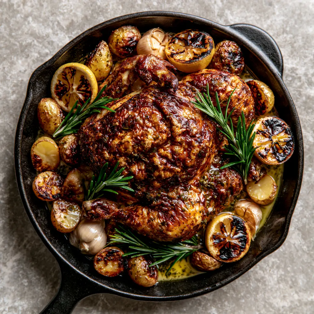 Lemon garlic roast chicken with Crispy Potatoes and Herb Butter 2 Overhead view of Lemon garlic roast chicken in a cast iron skillet with caramelized lemons and roasted garlic.