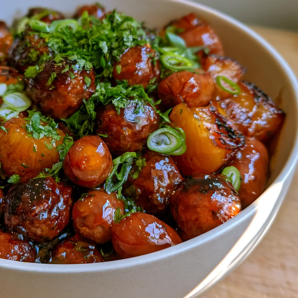 Wide shot of a white slow cooker filled with meatballs, smokies, and pineapple topped with cilantro.