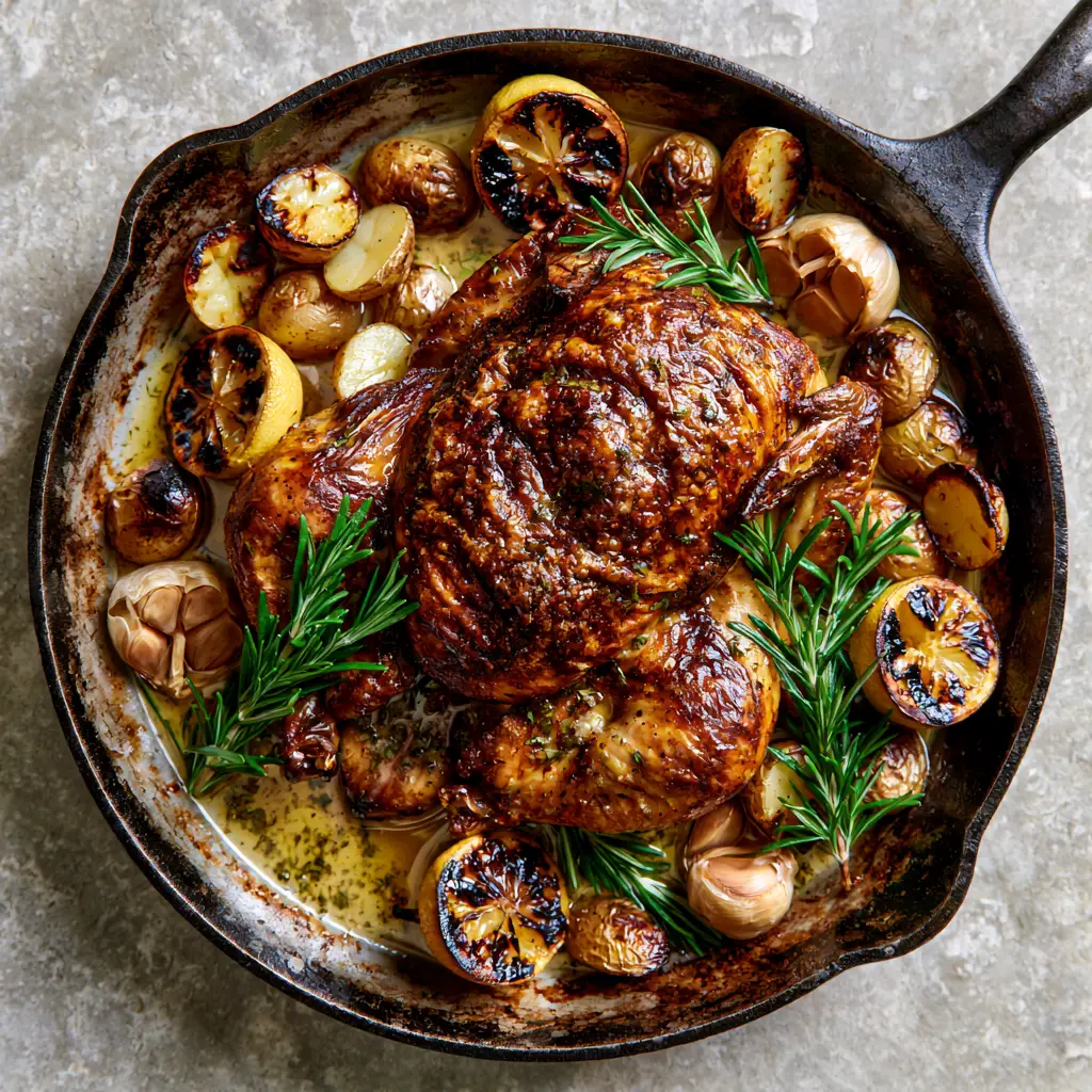 Lemon garlic roast chicken with Crispy Potatoes and Herb Butter 1 Whole roasted chicken surrounded by soft garlic cloves and glossy lemon-butter sauce.