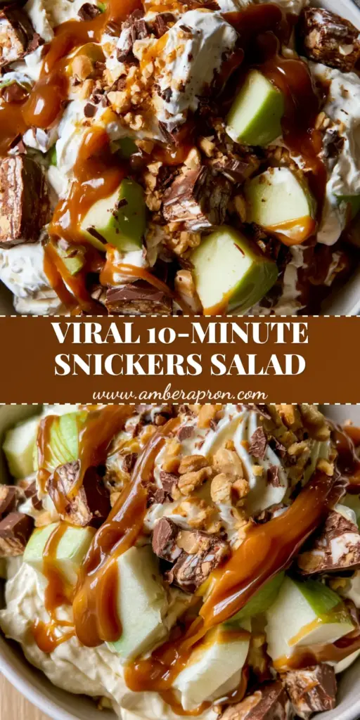 Snickers Apple Salad with Salted Caramel Drizzle 3 A tall Pinterest pin showing a close-up of Snickers Apple Salad with thick salted caramel drizzle, green apples, and milk chocolate shavings in a white bowl.
