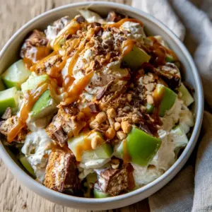 Top-down view of Snickers Apple Salad in a matte white bowl featuring chunky Snickers, Granny Smith apples, and glossy caramel.