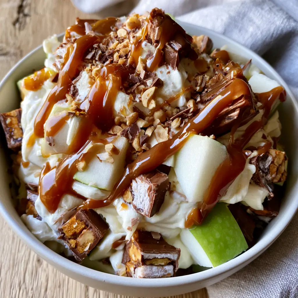 Snickers Apple Salad with Salted Caramel Drizzle 1 A close-up angled shot showing the fluffy vanilla cream peaks and milk chocolate shavings on a Snickers Apple Salad.