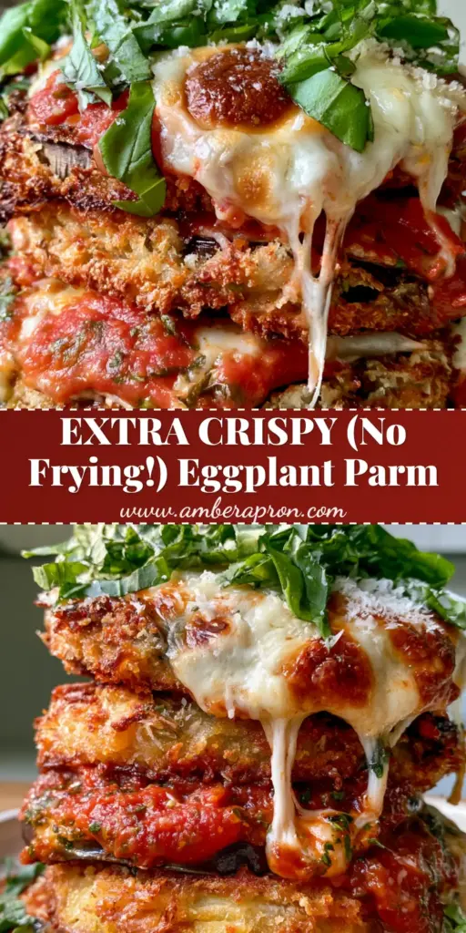 A stack of crispy Oven Baked Eggplant Parmesan with bubbling mozzarella and fresh basil garnish.