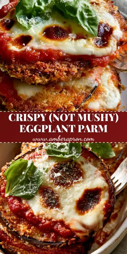 A vertical close-up of stacked eggplant parmesan with a crispy panko crust, thick red sauce, and charred mozzarella being lifted by a silver fork.