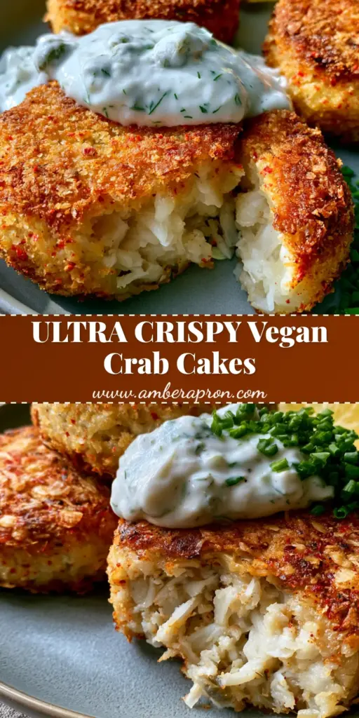 Vegan Crab Cakes with Flaky Hearts of Palm and Old Bay 4 Three thick, golden-brown panko-crusted vegan crab cakes on a matte grey plate with a dollop of tartar sauce. (vegan crab cakes)