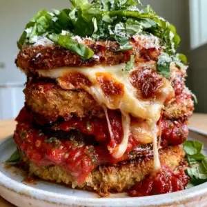 Close-up of panko-crusted eggplant rounds with charred cheese spots and herb-infused marinara. (Oven Baked Eggplant Parmesan)