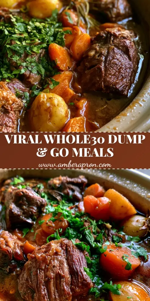 A top-down view of a ceramic crockpot filled with Whole30 beef stew, showing seared meat, carrots, and rosemary sprigs. (Whole30 crockpot recipes)